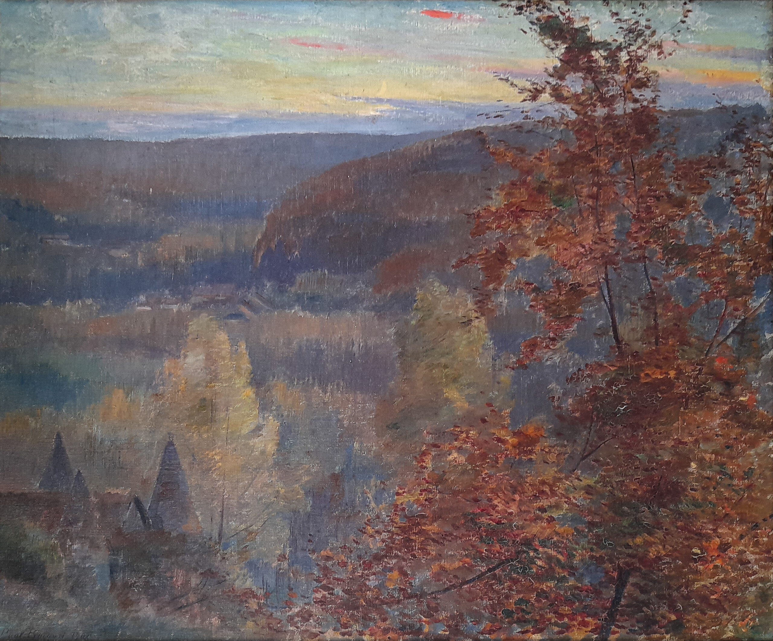 Soissonnais_Saint-Pierre-Aigle_Les Tourelles de Saint-Pierre-Aigle Les tourelles vues d'en haut Brume matinale à Cœuvres, 1934 (Huile sur toile, 54,2 x 73,1 cm)