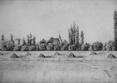 L'église de Liry et les moissons (Ardennes), août 1885 (Dessin au crayon)